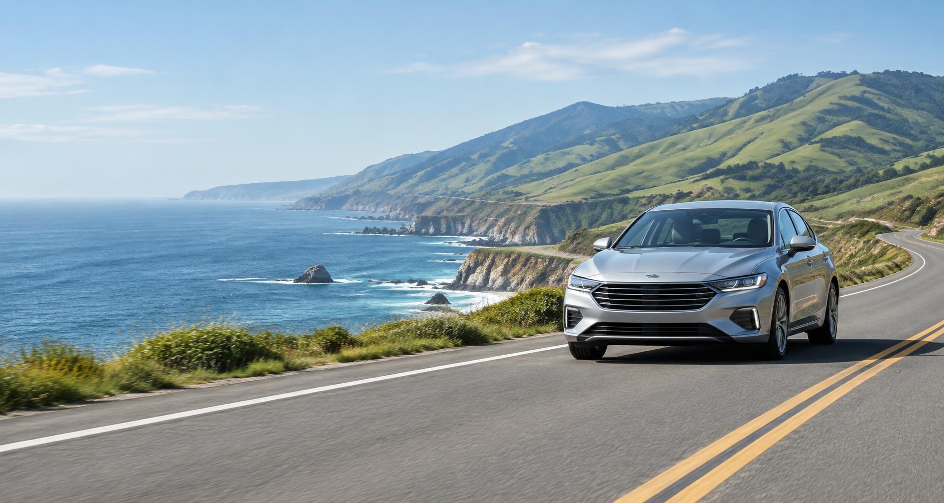Silver car on a scenic coastal road
