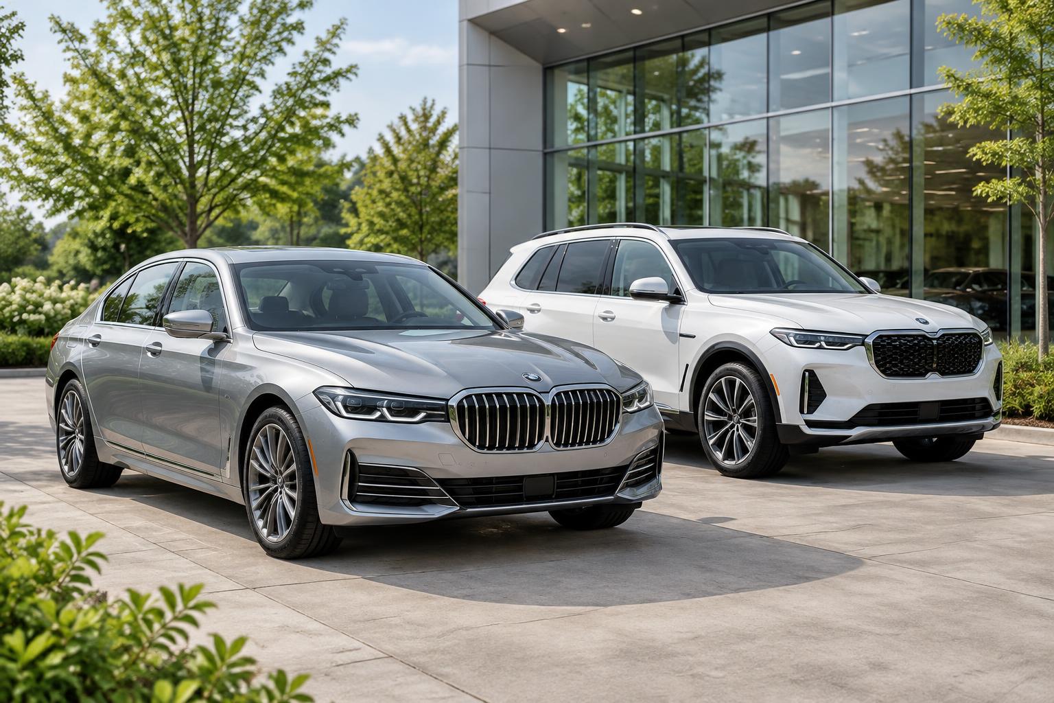 Vehicles outside a modern showroom