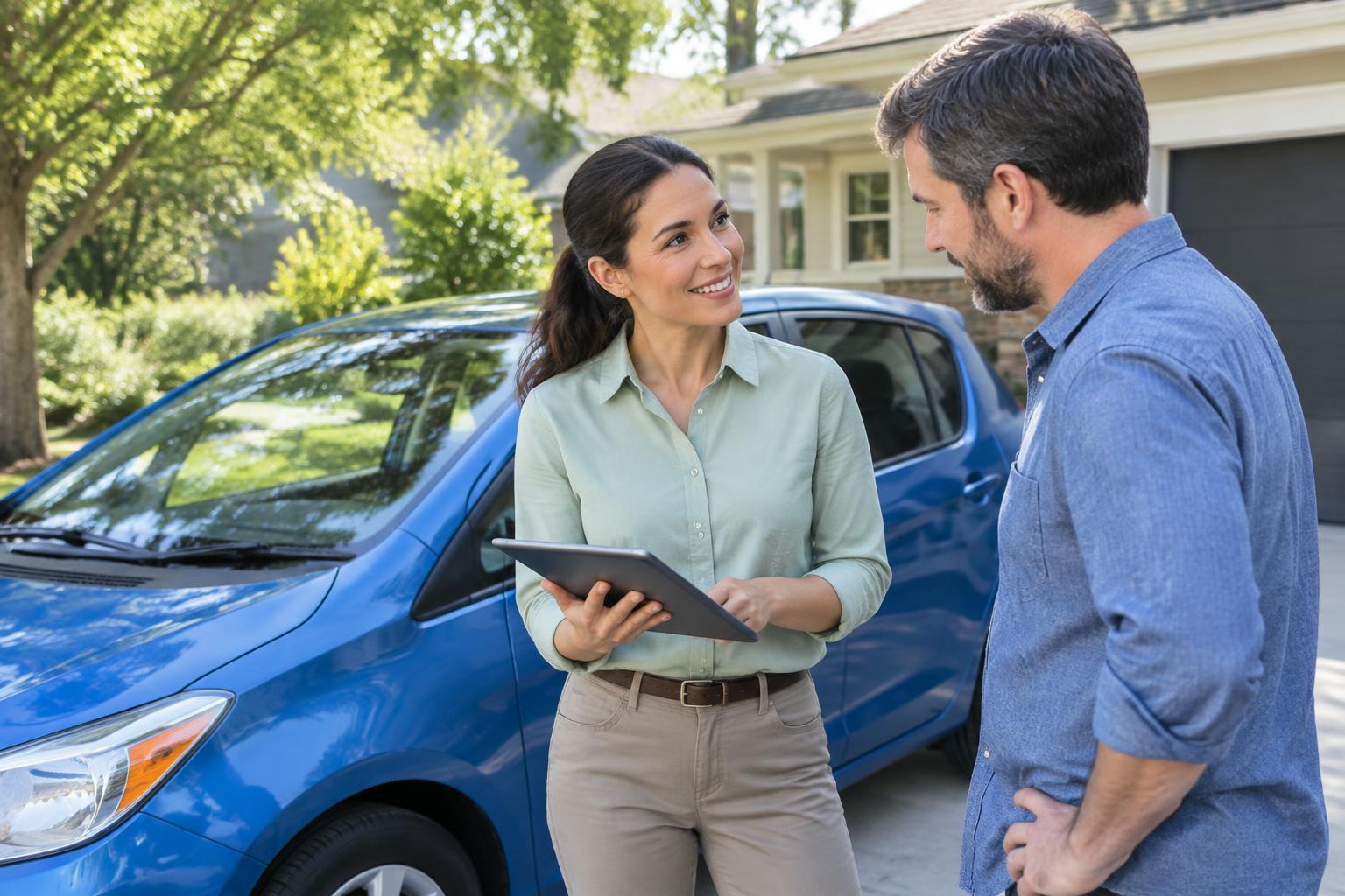 Insurance assessor speaking with a vehicle owner